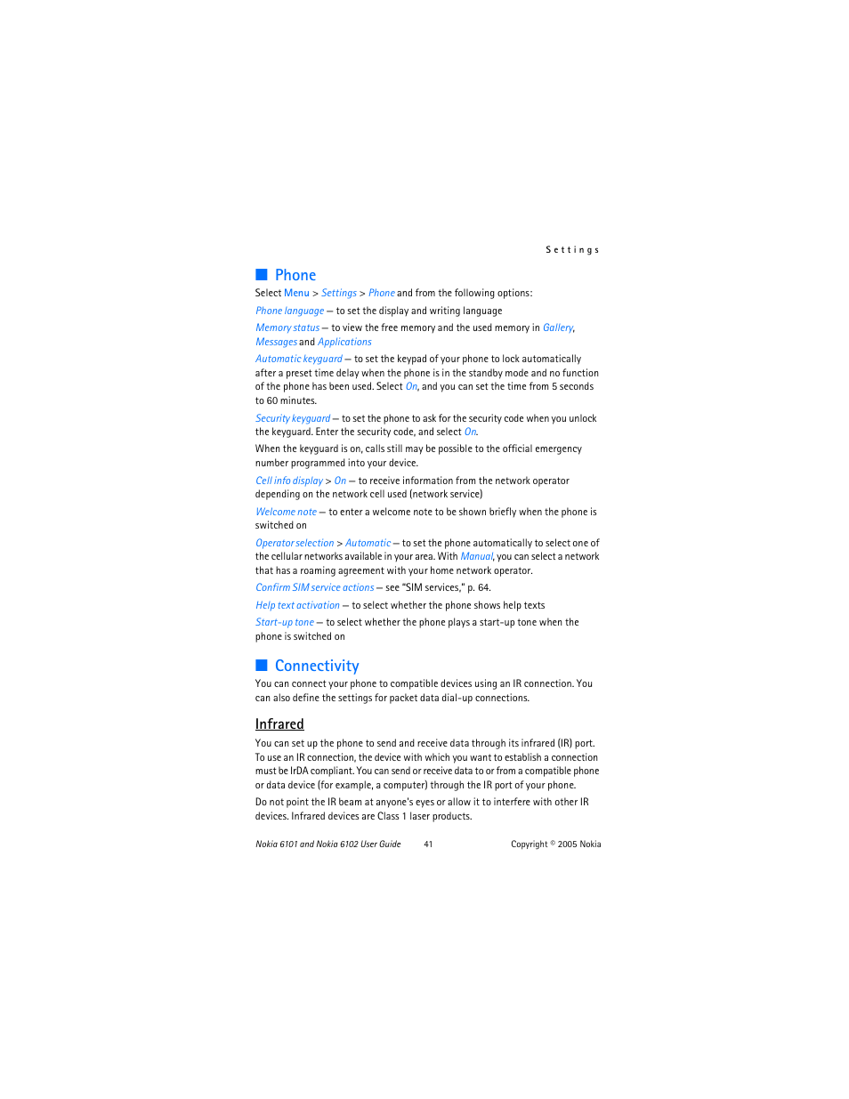 Phone, Connectivity, Phone connectivity | Infrared | Nokia 6102 User Manual | Page 42 / 169