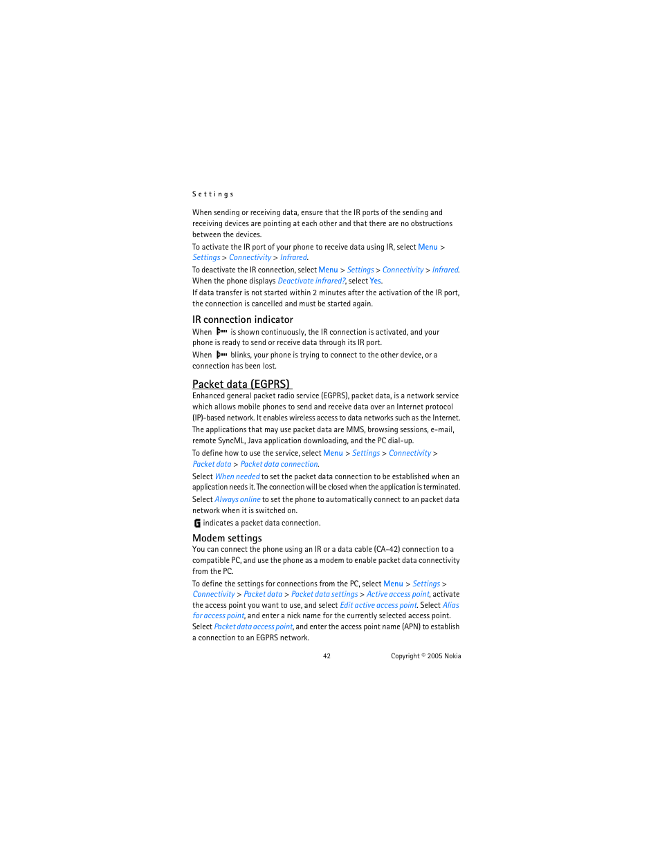 Ee “packet data (egprs),” p, Packet data (egprs), Packet data (egprs),” p. 42 | Nokia 6102 User Manual | Page 43 / 169