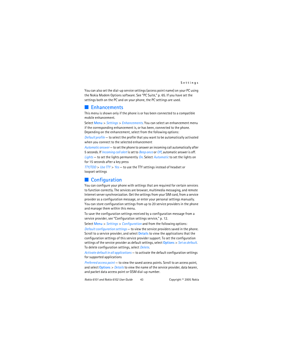 Enhancements, Configuration, Enhancements configuration | Ee “configuration,” p | Nokia 6102 User Manual | Page 44 / 169
