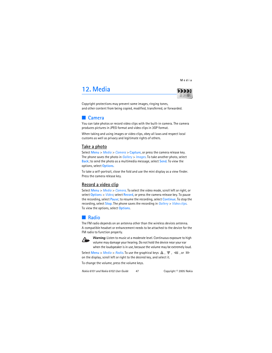 Media, Camera, Radio | Camera radio, Take a photo, Record a video clip | Nokia 6102 User Manual | Page 48 / 169