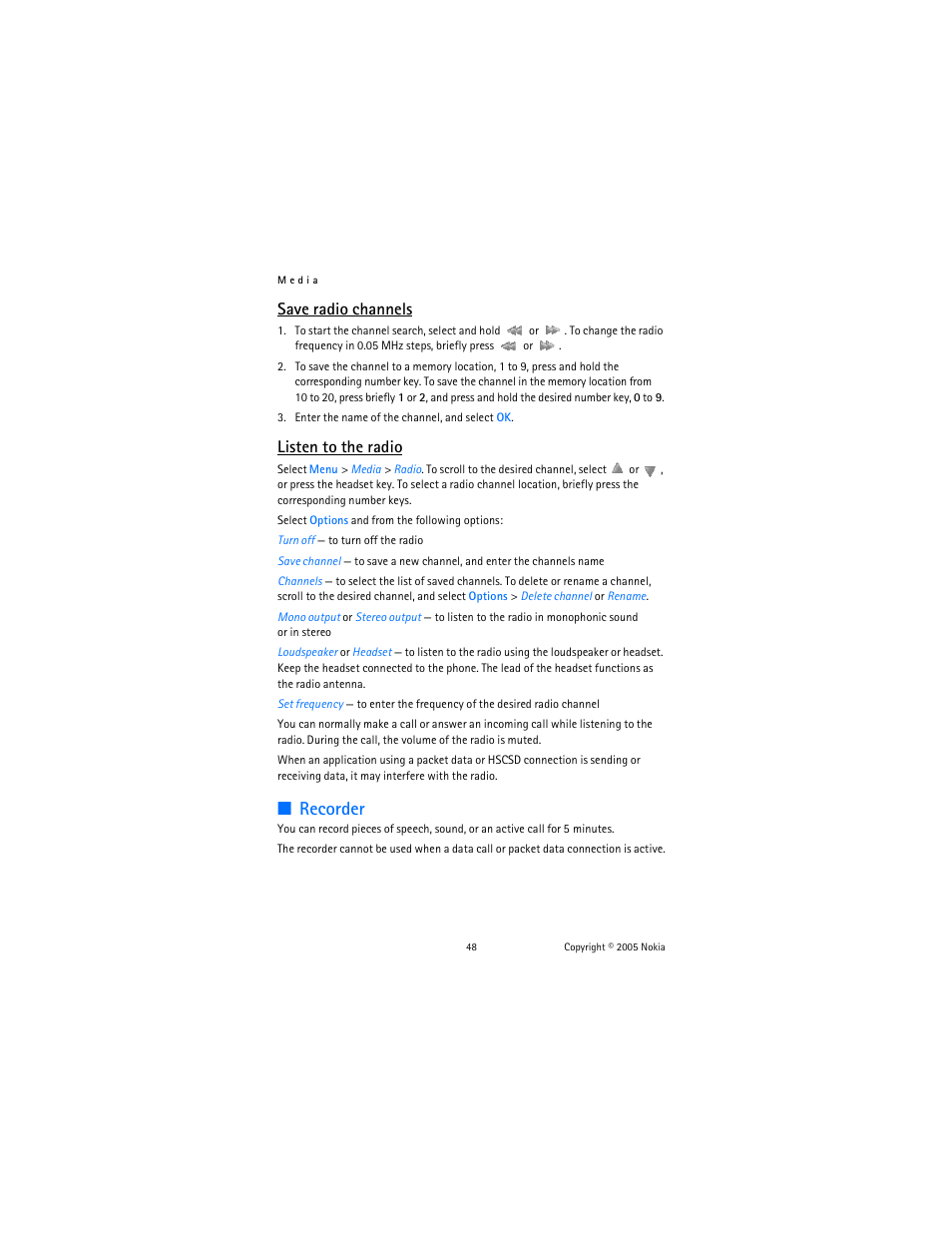 Recorder, Save radio channels, Listen to the radio | Nokia 6102 User Manual | Page 49 / 169