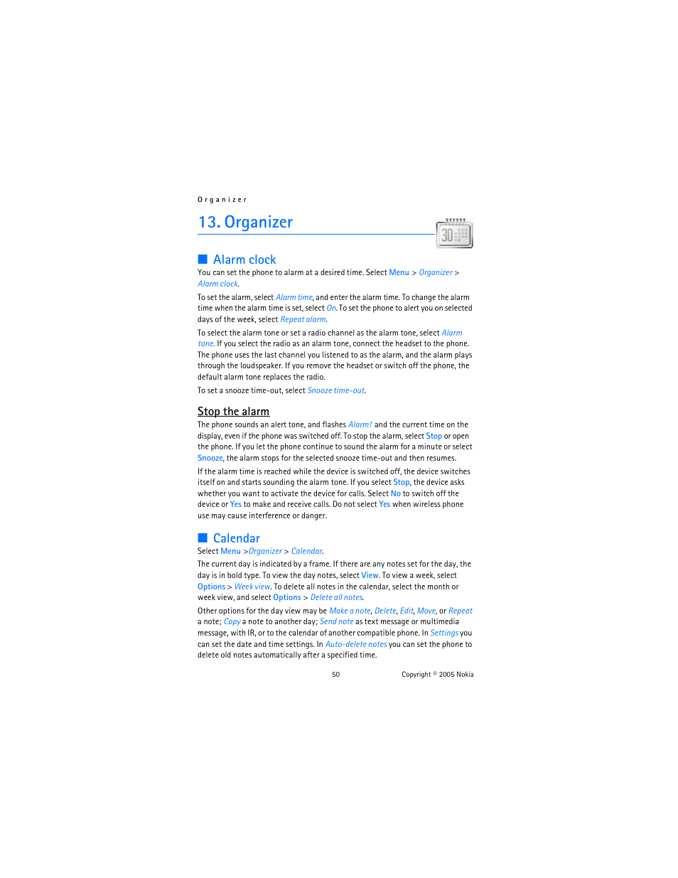 Organizer, Alarm clock, Calendar | Alarm clock calendar, Stop the alarm | Nokia 6102 User Manual | Page 51 / 169