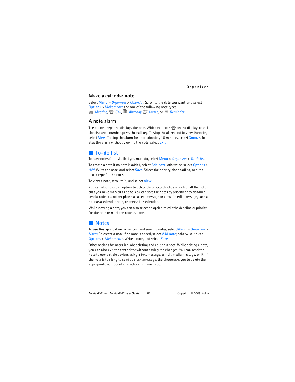 To-do list, Notes, To-do list notes | Nokia 6102 User Manual | Page 52 / 169
