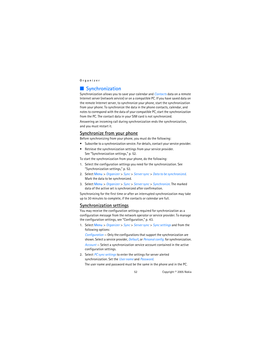 Synchronization, Synchronize from your phone, Synchronization settings | Nokia 6102 User Manual | Page 53 / 169