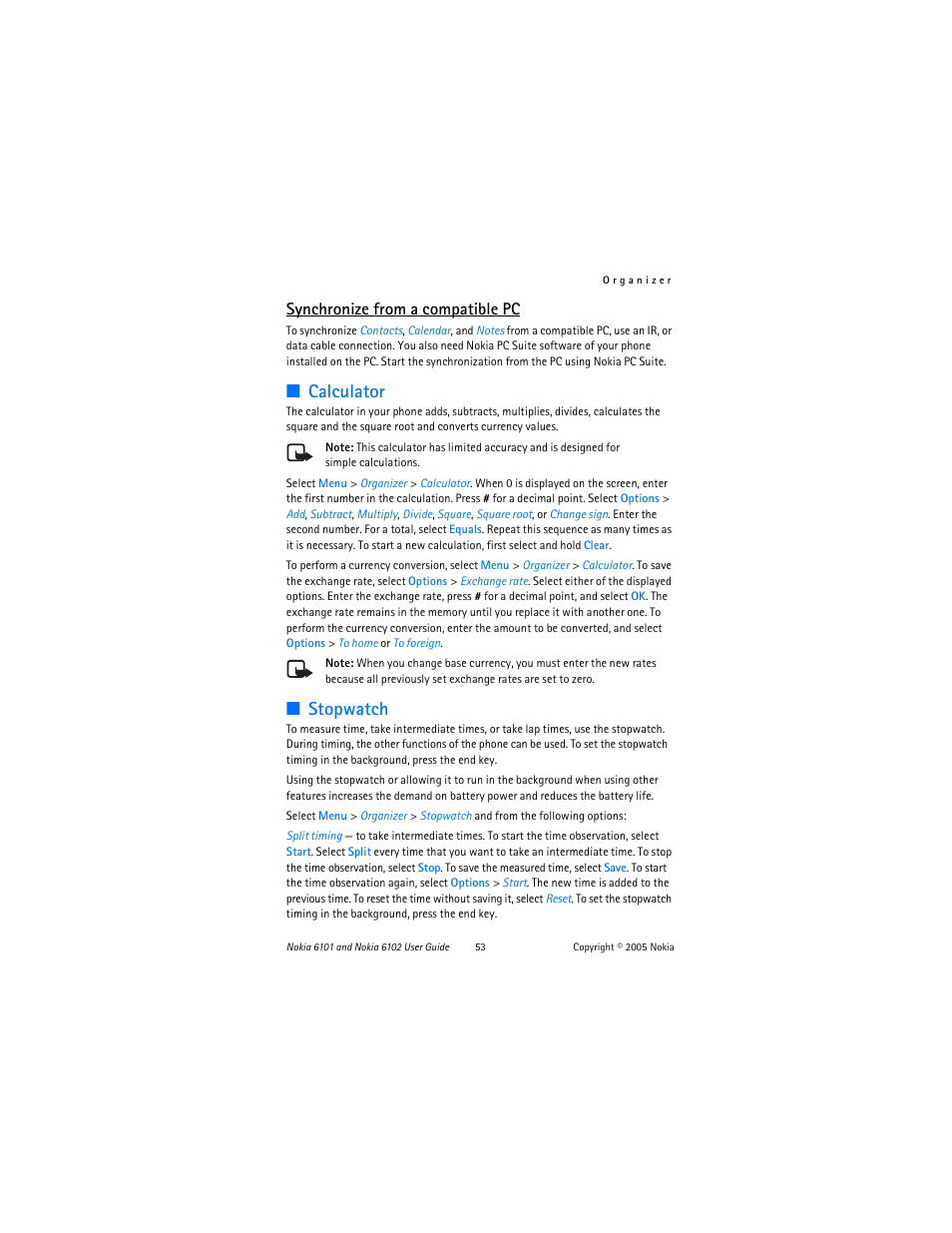 Calculator, Stopwatch, Calculator stopwatch | Synchronize from a compatible pc | Nokia 6102 User Manual | Page 54 / 169