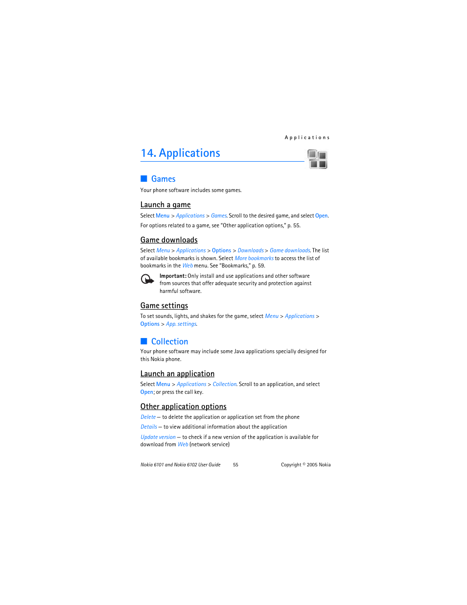 Applications, Games, Collection | Games collection, Applications,” p. 55, Launch a game, Game downloads, Game settings, Launch an application, Other application options | Nokia 6102 User Manual | Page 56 / 169