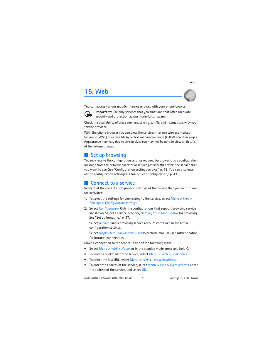 Set up browsing, Connect to a service, Set up browsing connect to a service | E “web | Nokia 6102 User Manual | Page 58 / 169