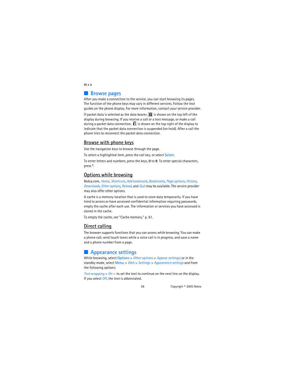 Appearance settings, Browse pages, Browse with phone keys | Options while browsing, Direct calling | Nokia 6102 User Manual | Page 59 / 169