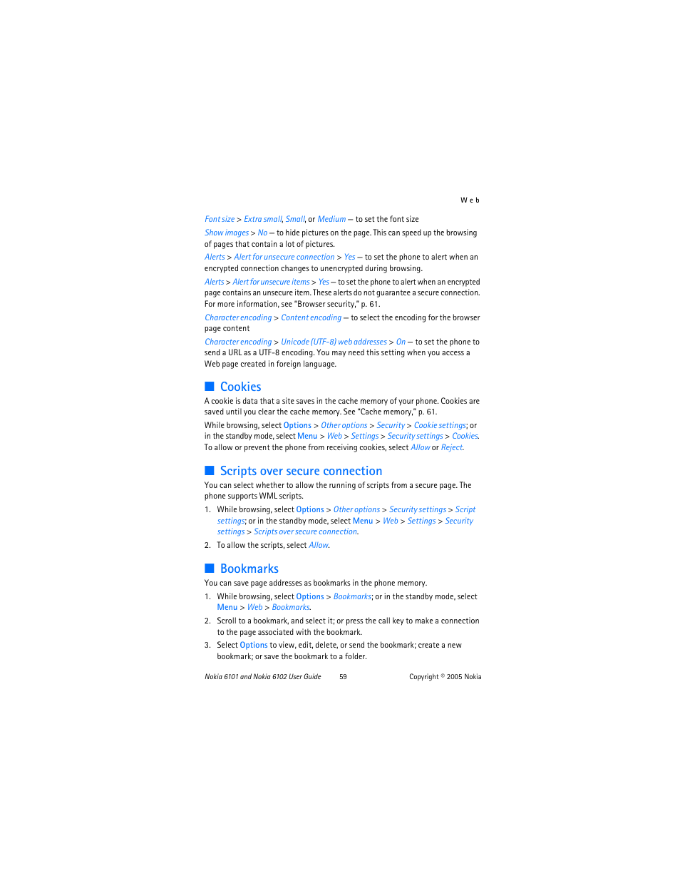 Cookies, Scripts over secure connection, Bookmarks | Cookies scripts over secure connection bookmarks | Nokia 6102 User Manual | Page 60 / 169