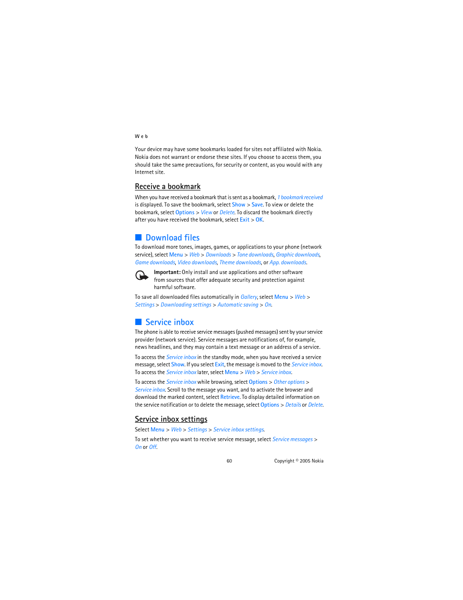 Download files, Service inbox, Download files service inbox | Receive a bookmark, Service inbox settings | Nokia 6102 User Manual | Page 61 / 169