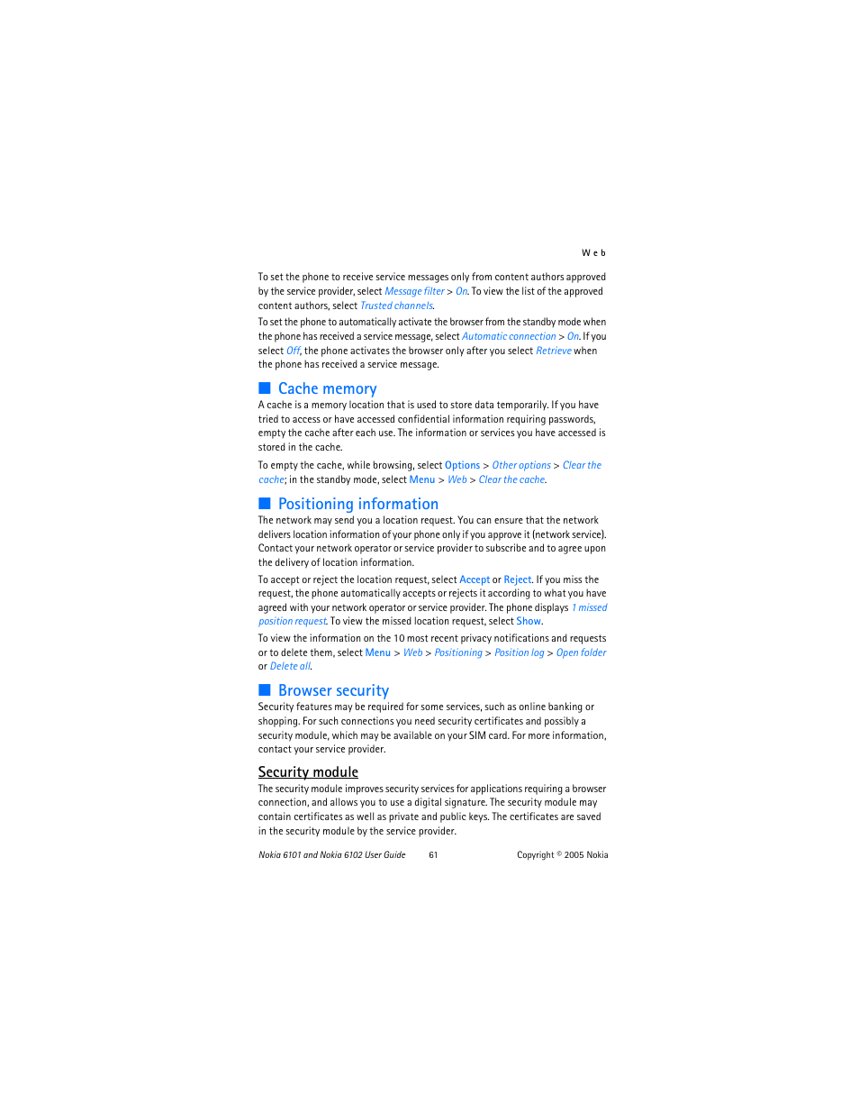 Cache memory, Positioning information, Browser security | Security module, E “cache memory | Nokia 6102 User Manual | Page 62 / 169