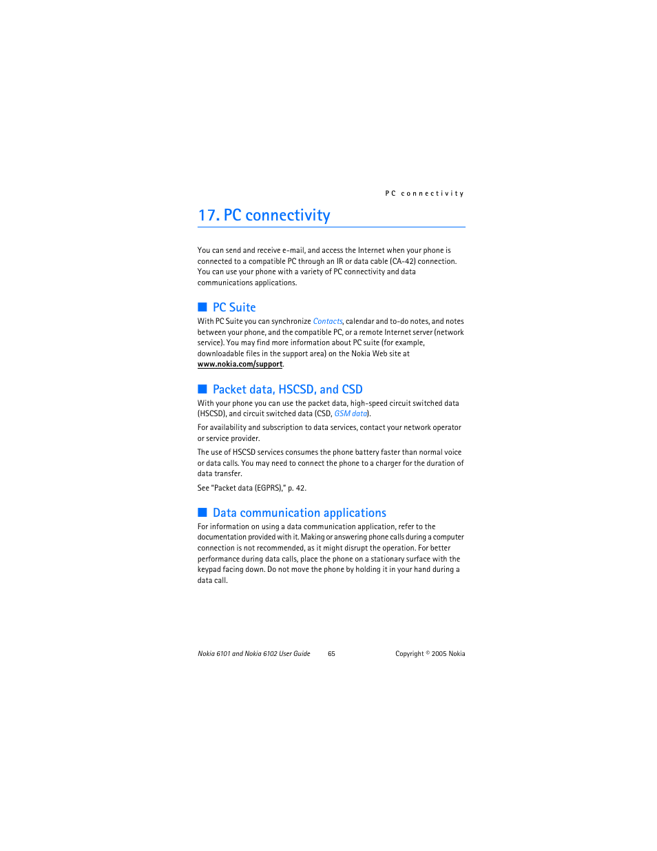 Pc connectivity, Pc suite, Packet data, hscsd, and csd | Data communication applications | Nokia 6102 User Manual | Page 66 / 169