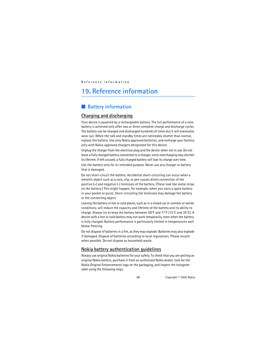 Reference information, Battery information, Charging and discharging | Nokia battery authentication guidelines | Nokia 6102 User Manual | Page 69 / 169