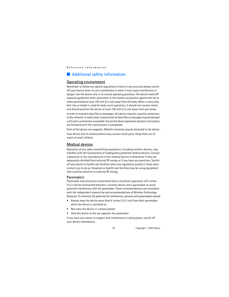 Additional safety information, Operating environment, Medical devices | Nokia 6102 User Manual | Page 71 / 169