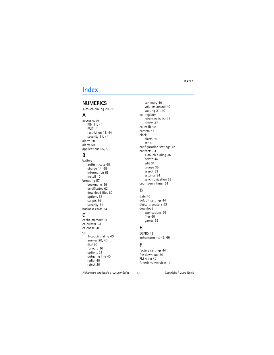 Index, Numerics | Nokia 6102 User Manual | Page 78 / 169