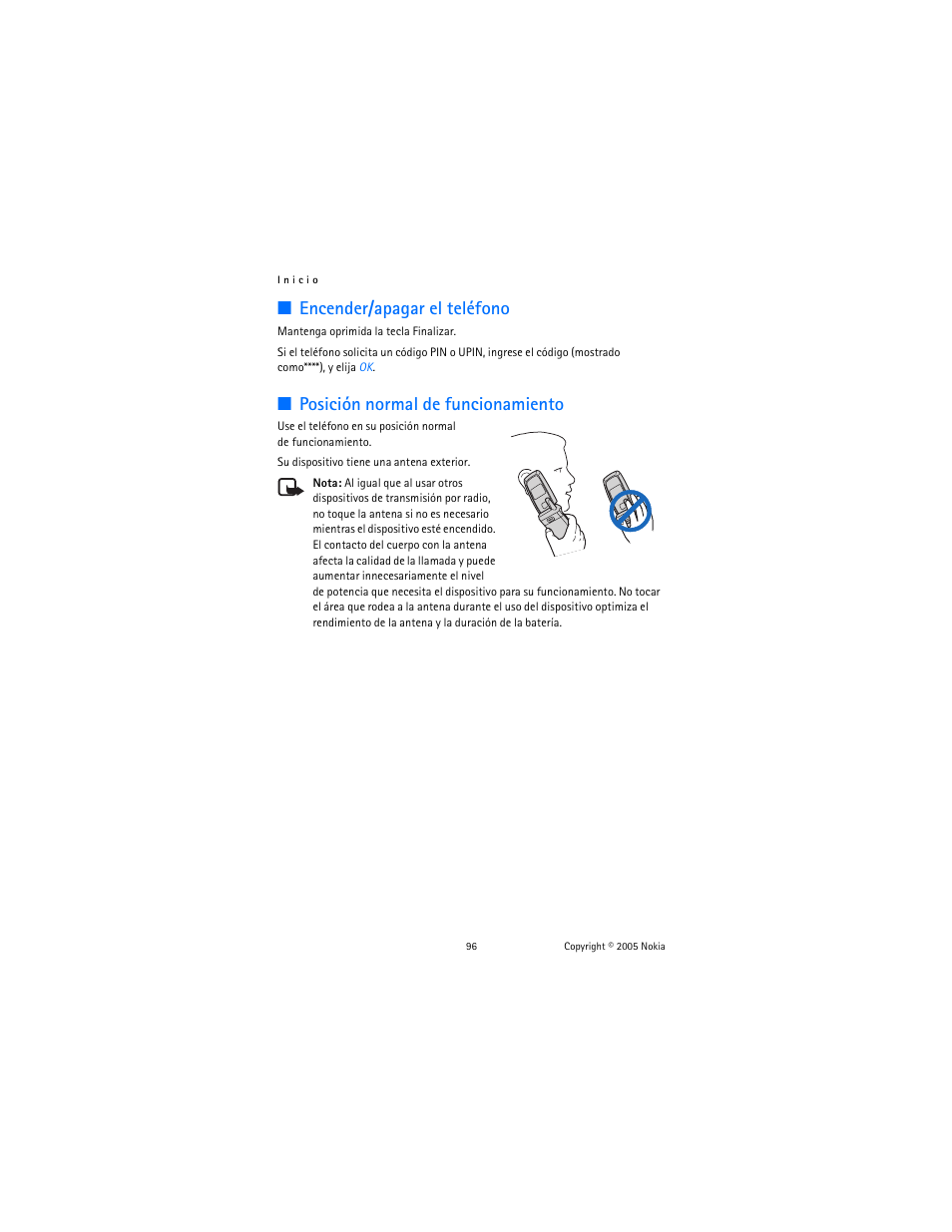 Encender/apagar el teléfono, Posición normal de funcionamiento | Nokia 6102 User Manual | Page 97 / 169