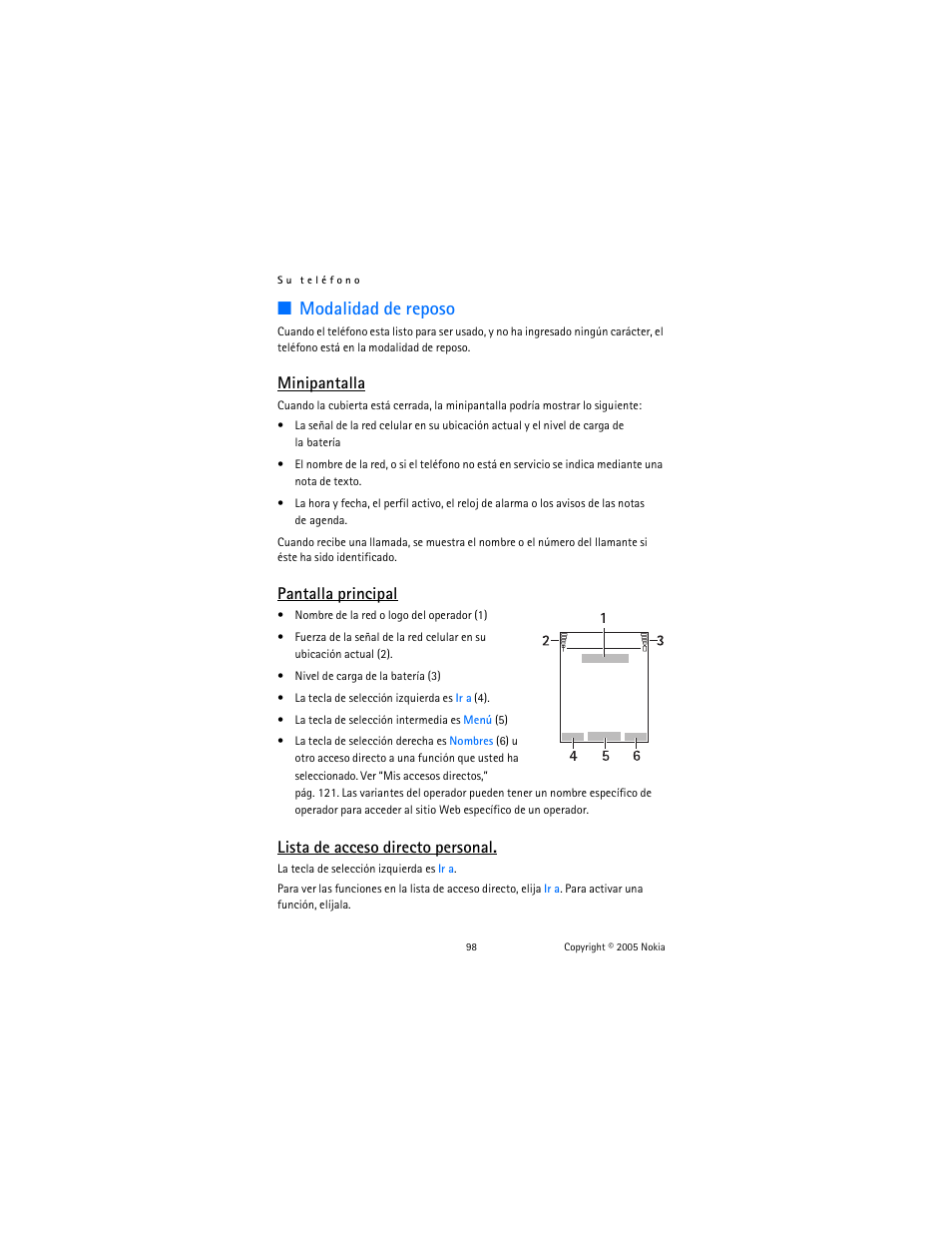 Modalidad de reposo, Minipantalla, Pantalla principal | Lista de acceso directo personal | Nokia 6102 User Manual | Page 99 / 169