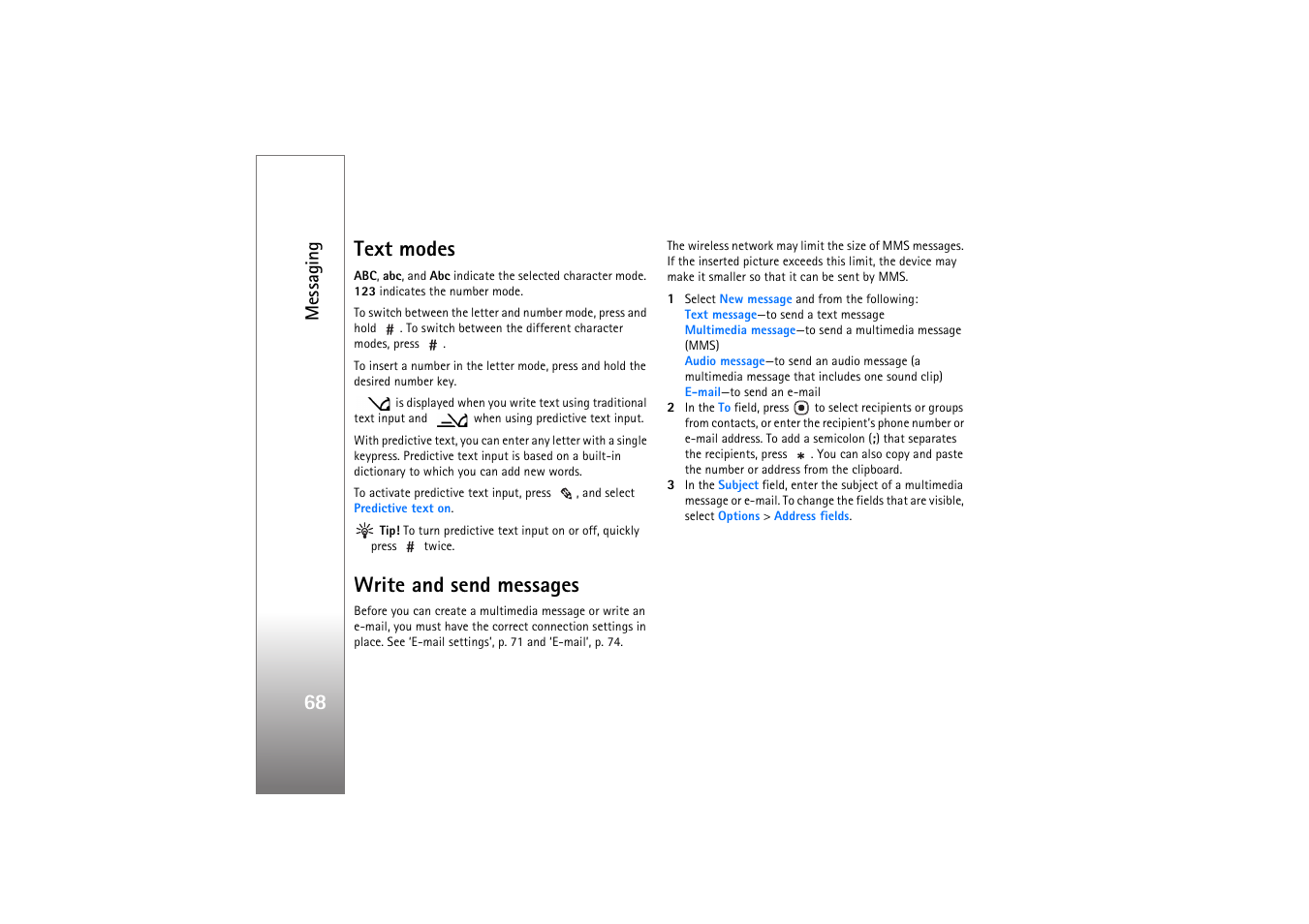 Text modes, Write and send messages, Text modes write and send messages | 68 text modes, Messaging | Nokia N76 User Manual | Page 100 / 157