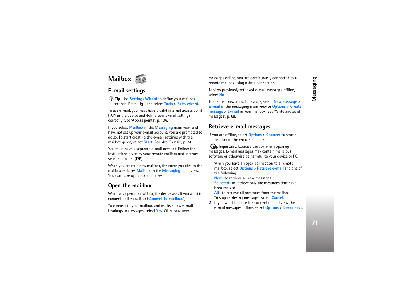 Mailbox, E-mail settings, Open the mailbox | Retrieve e-mail messages, 71 mailbox, Messaging | Nokia N76 User Manual | Page 103 / 157