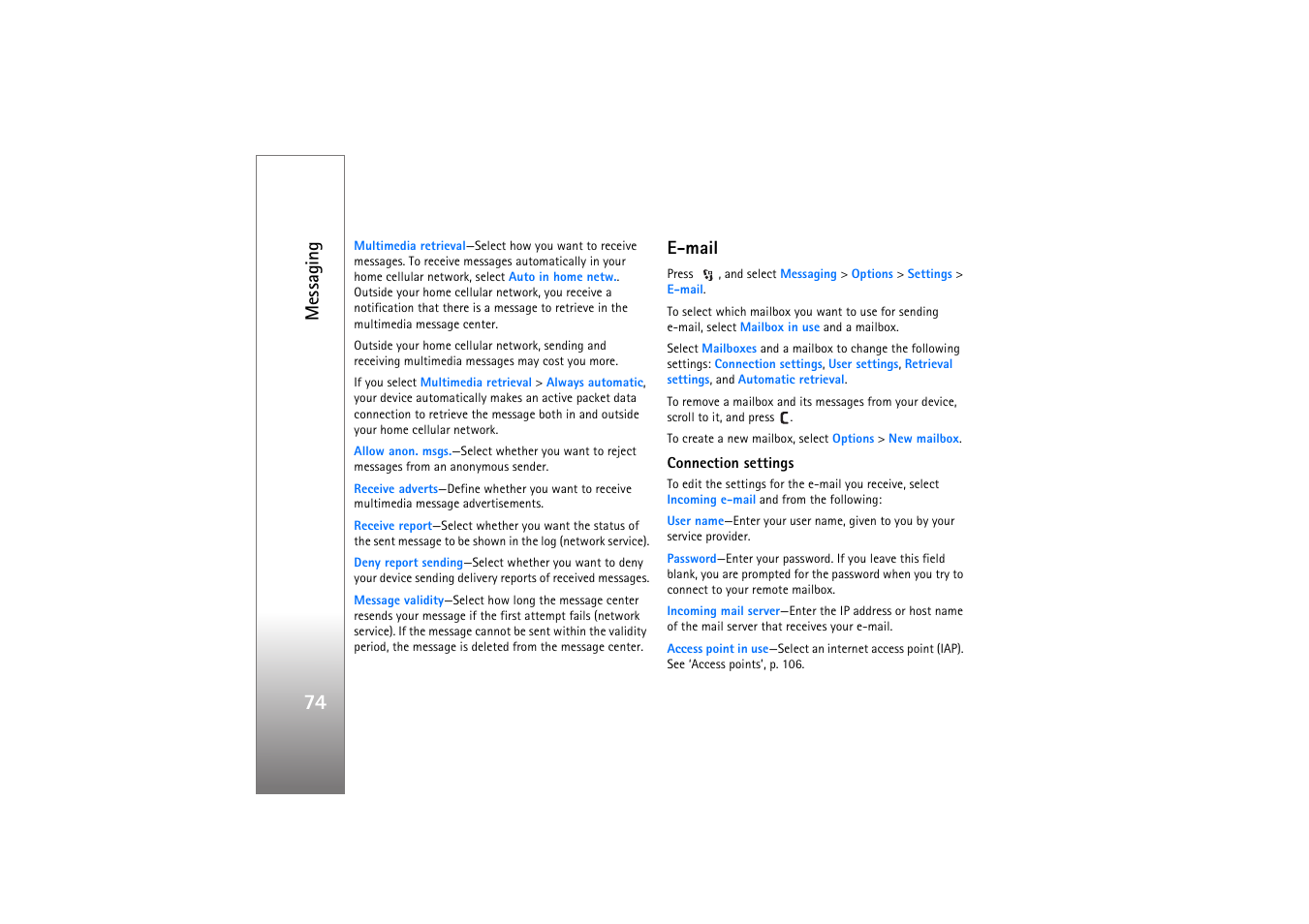 Email, Connection settings, E-mail | Messaging | Nokia N76 User Manual | Page 106 / 157