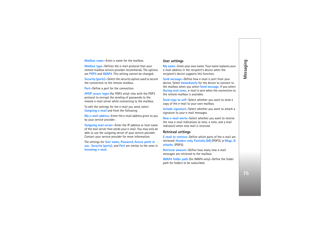 User settings, Retrieval settings, Messaging | Nokia N76 User Manual | Page 107 / 157