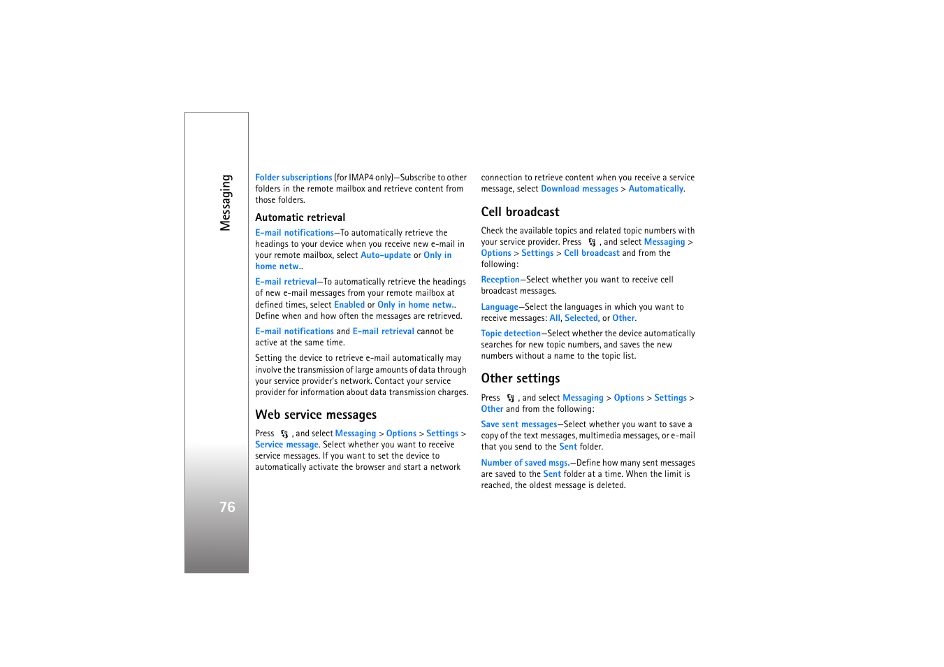 Automatic retrieval, Web service messages, Cell broadcast | Other settings, Messaging | Nokia N76 User Manual | Page 108 / 157