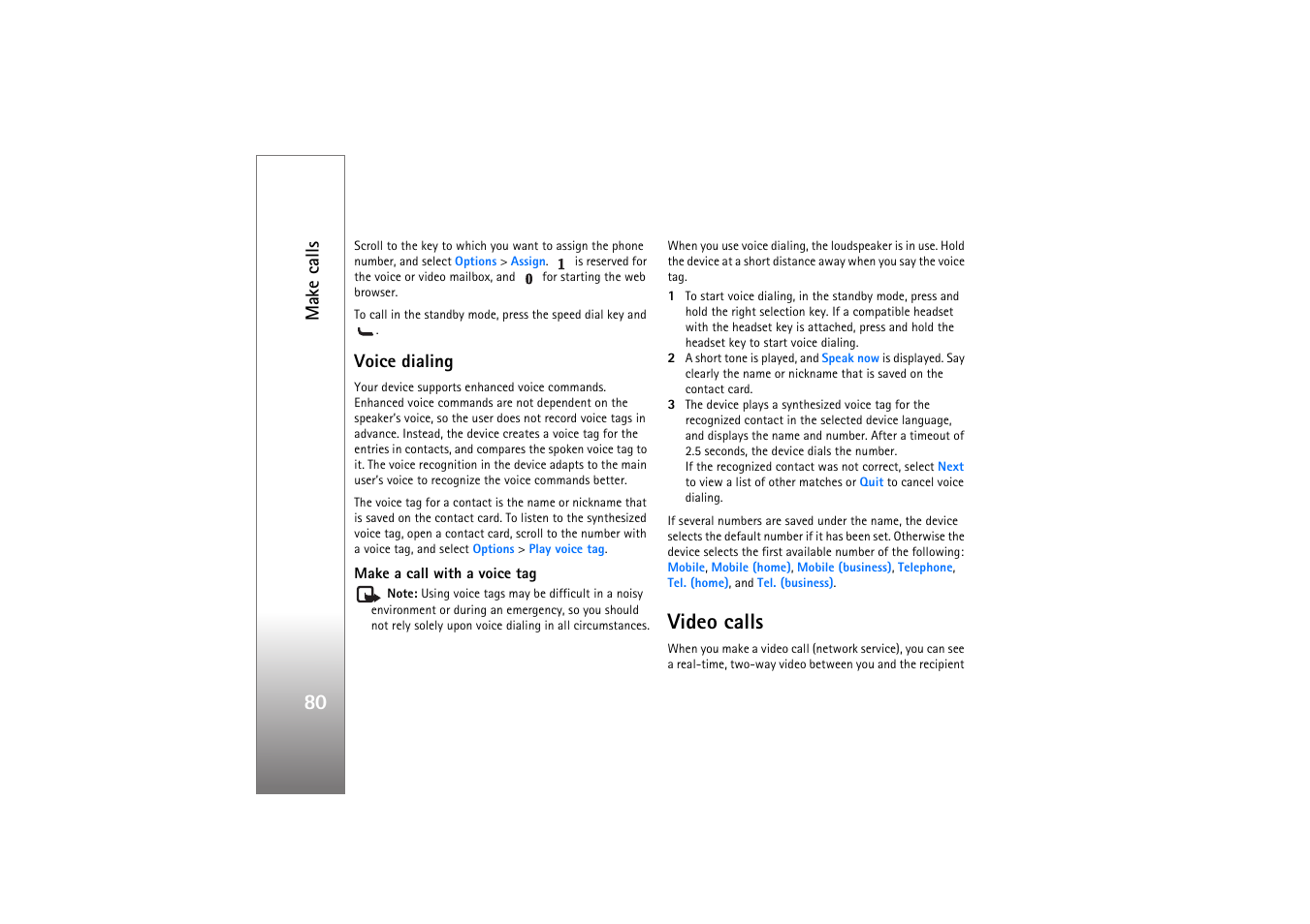 Voice dialing, Make a call with a voice tag, Video calls | And ‘video, Calls’, p. 80, Make calls | Nokia N76 User Manual | Page 112 / 157