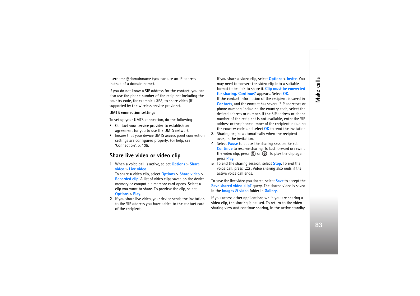 Share live video or video clip, Make calls | Nokia N76 User Manual | Page 115 / 157