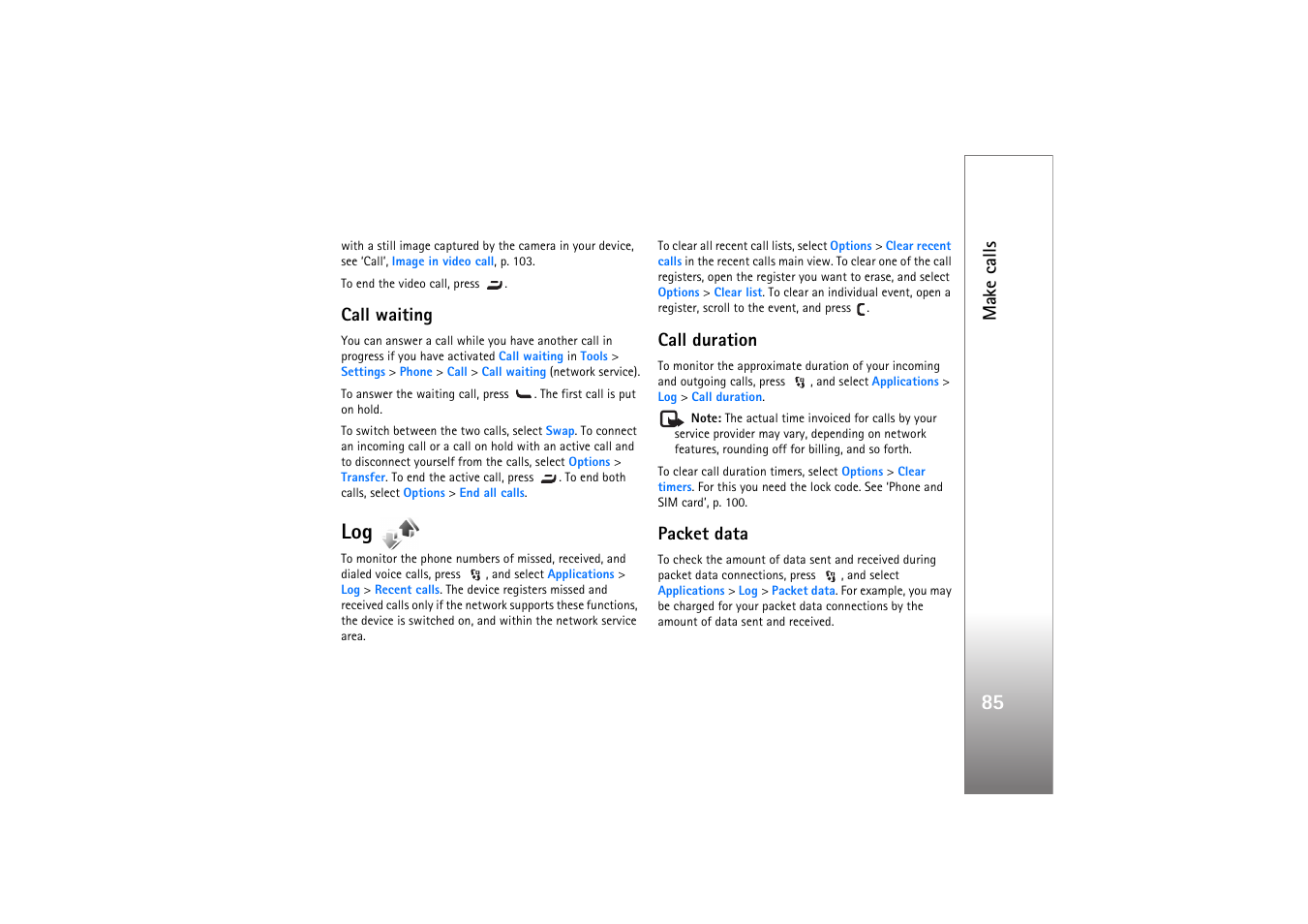 Call waiting, Call duration, Packet data | Make calls | Nokia N76 User Manual | Page 117 / 157