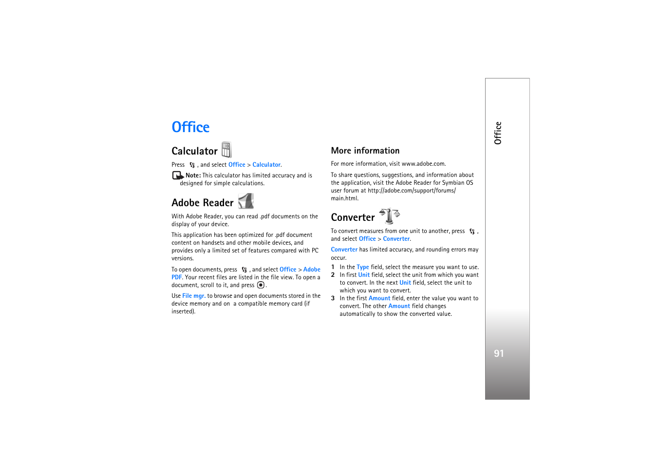 Office, Calculator, Adobe reader | More information, Converter, Calculator adobe reader converter | Nokia N76 User Manual | Page 123 / 157