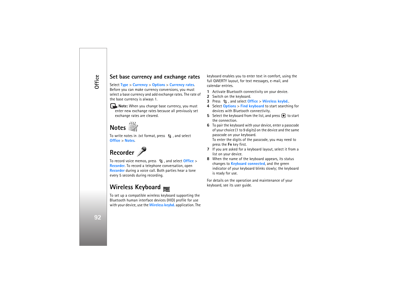 Set base currency and exchange rates, Notes, Recorder | Wireless keyboard, Notes recorder wireless keyboard | Nokia N76 User Manual | Page 124 / 157