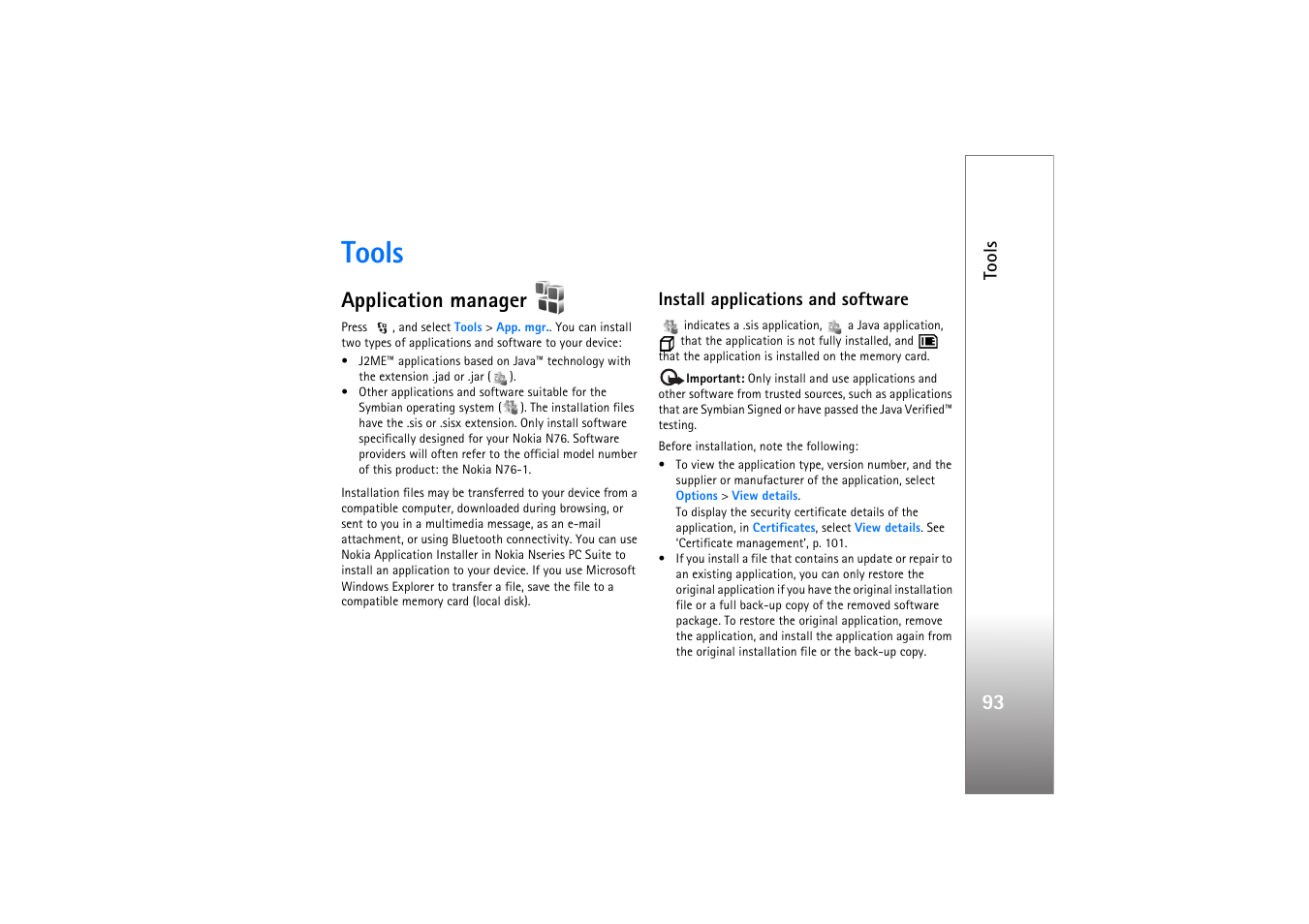 Tools, Application manager, Install applications and software | Nokia N76 User Manual | Page 125 / 157
