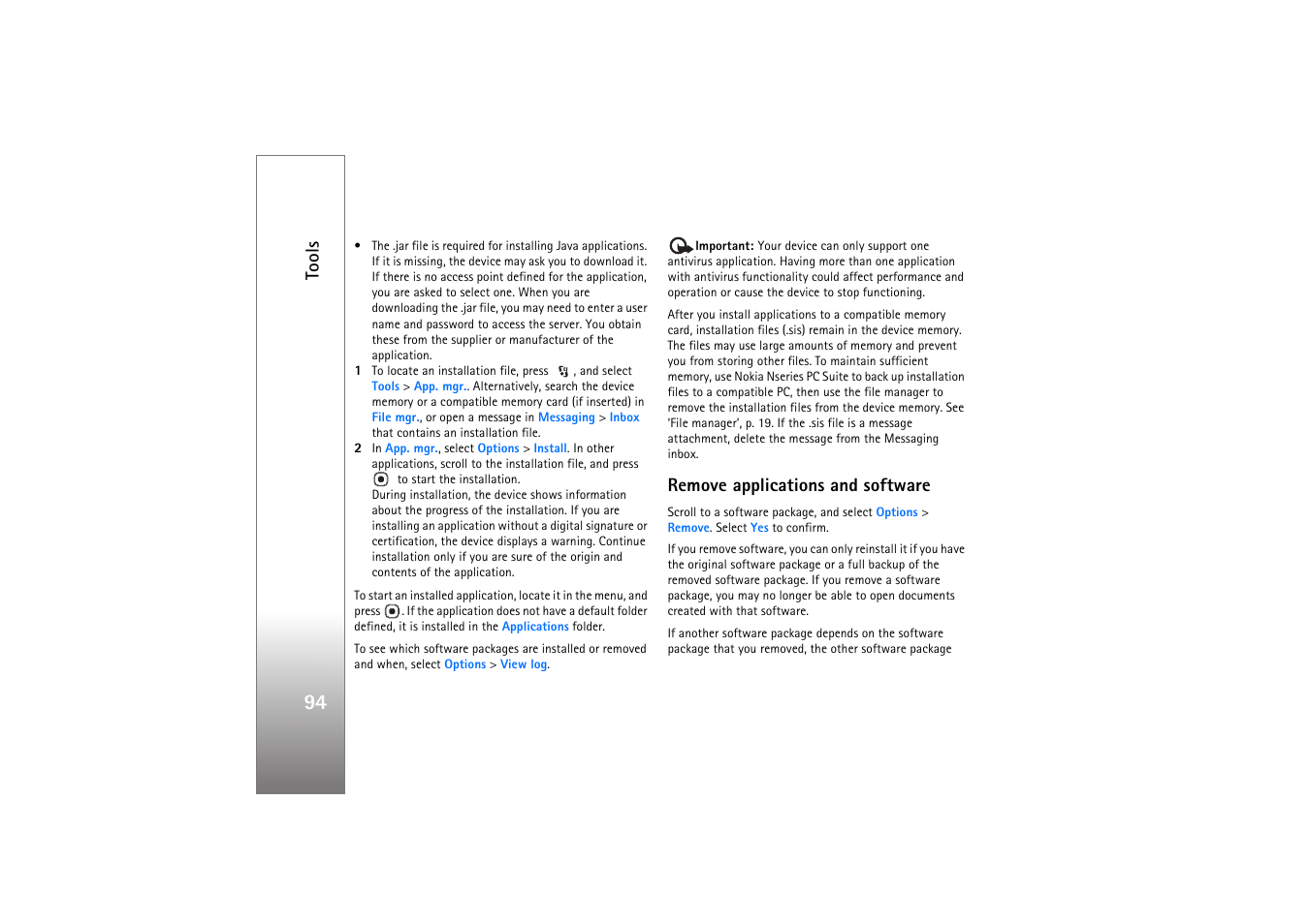 Remove applications and software, Tools | Nokia N76 User Manual | Page 126 / 157
