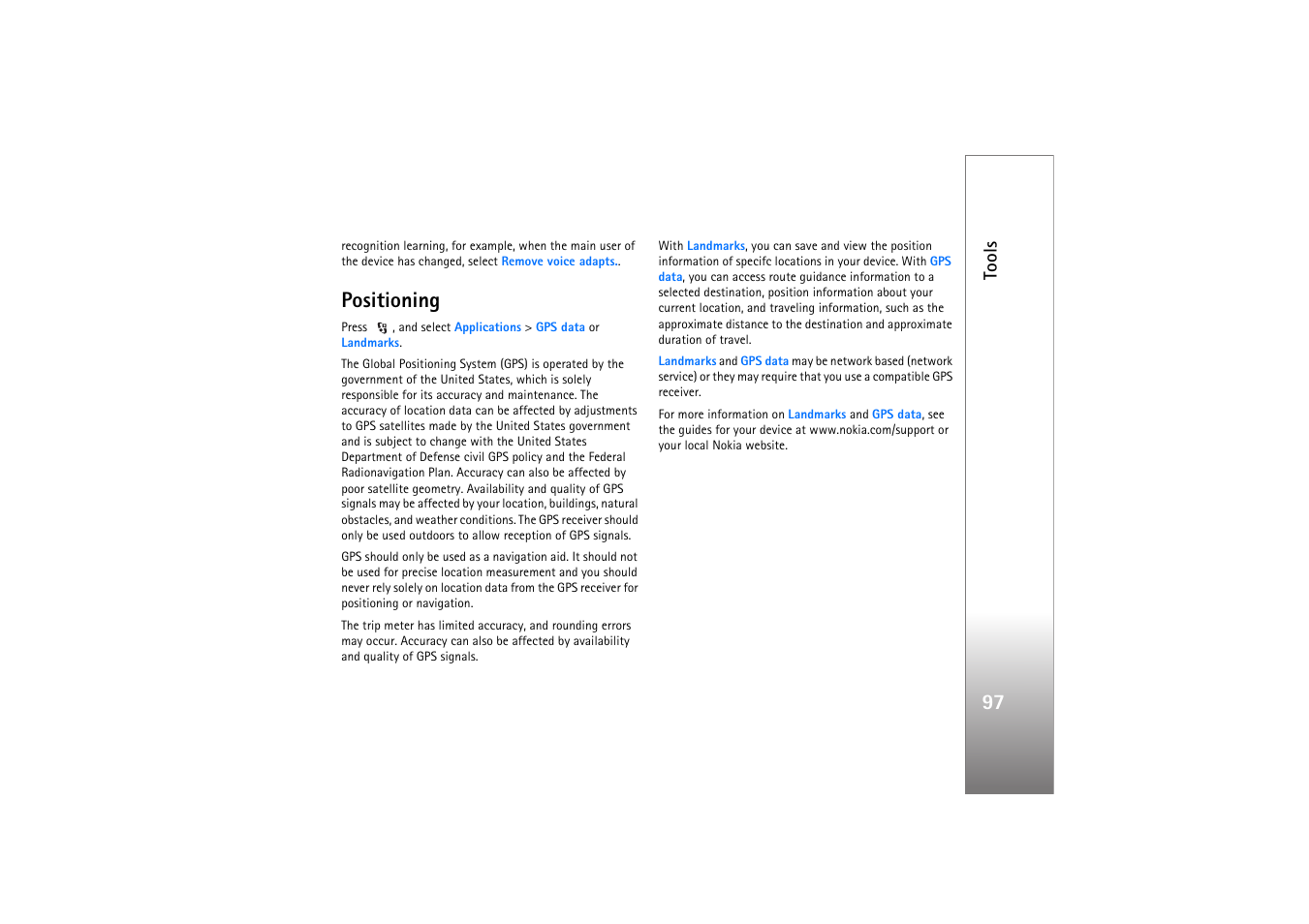 Positioning, Tools | Nokia N76 User Manual | Page 129 / 157