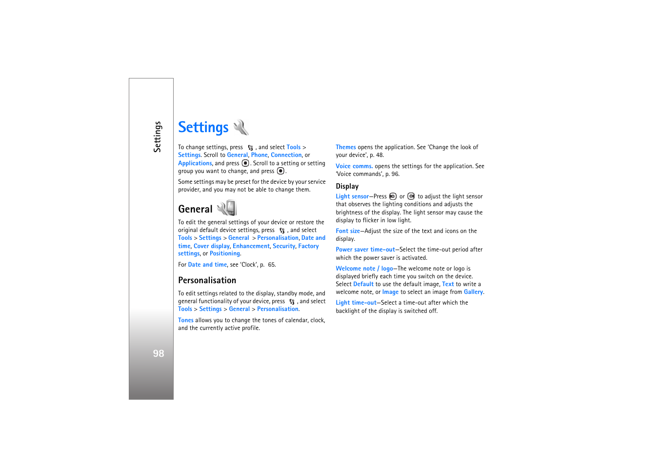 Settings, General, Personalisation | Display | Nokia N76 User Manual | Page 130 / 157