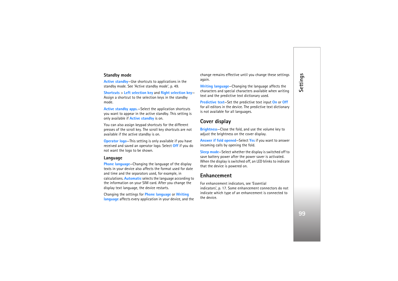 Standby mode, Language, Cover display | Enhancement, The standby mode, see ‘standby mode, Settings | Nokia N76 User Manual | Page 131 / 157