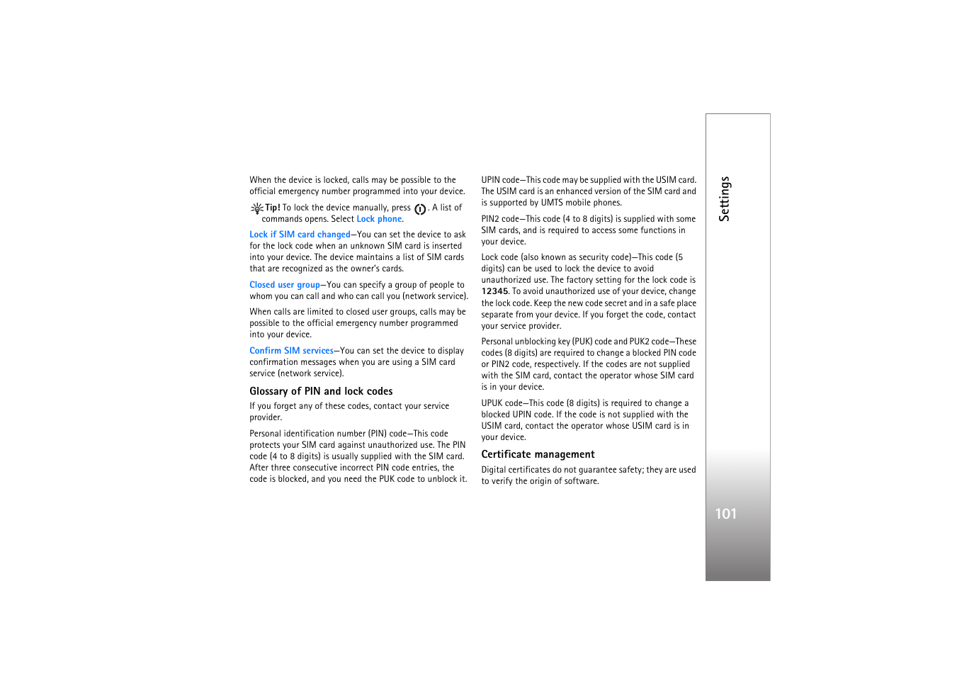 Glossary of pin and lock codes, Certificate management, See ‘glossary of pin and lock codes | See ‘glossary of pin and lock codes’, p. 101, Settings | Nokia N76 User Manual | Page 133 / 157