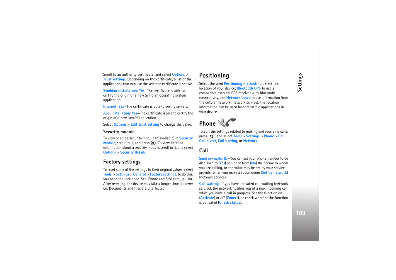 Security module, Factory settings, Positioning | Phone, Call, Positioning phone, Call’, p. 103, See ‘call, P. 103, Settings | Nokia N76 User Manual | Page 135 / 157