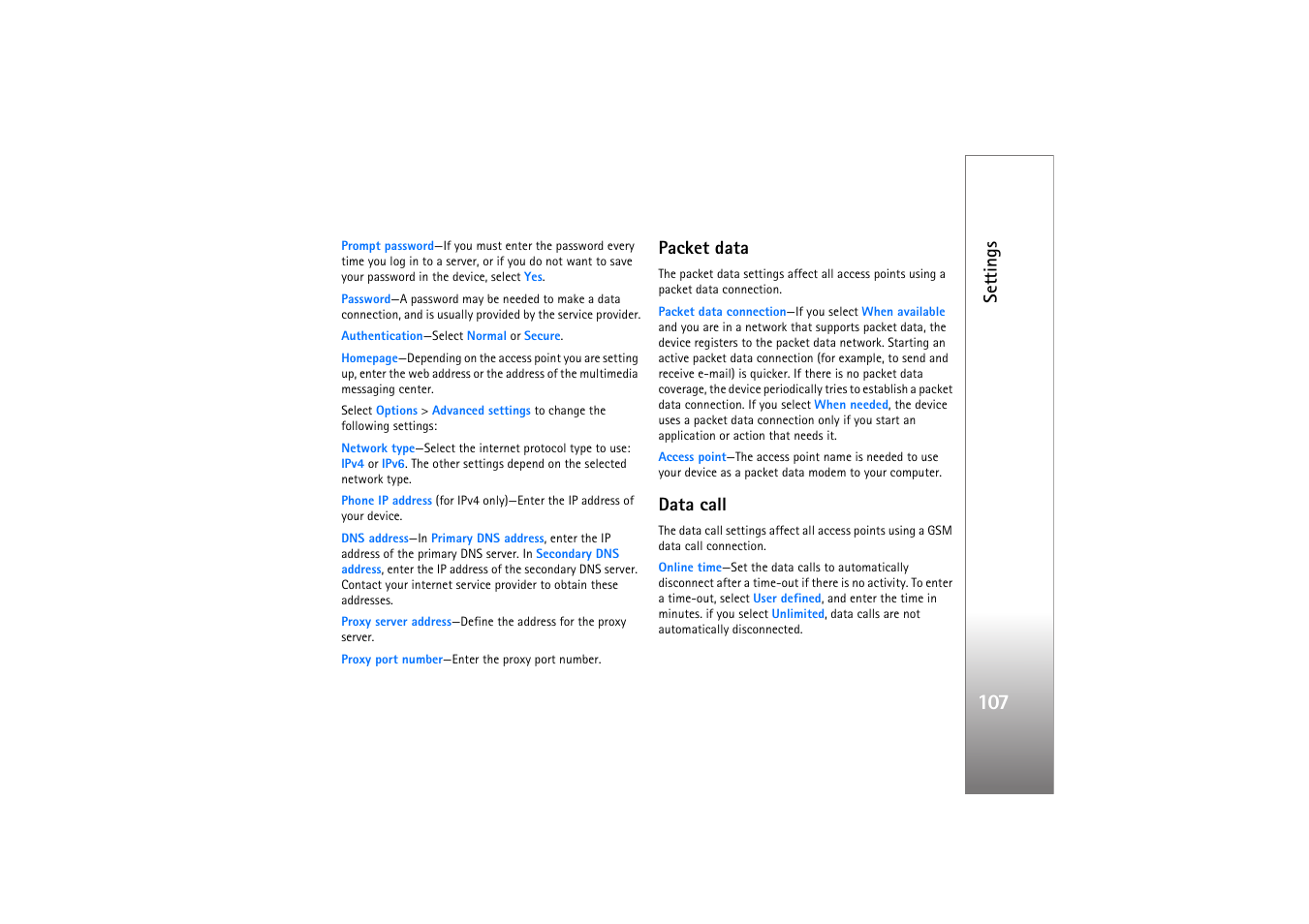 Packet data, Data call, Settings | Nokia N76 User Manual | Page 139 / 157