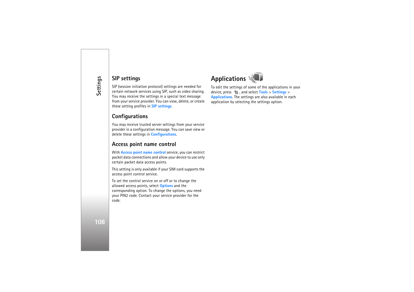 Sip settings, Configurations, Access point name control | Applications | Nokia N76 User Manual | Page 140 / 157