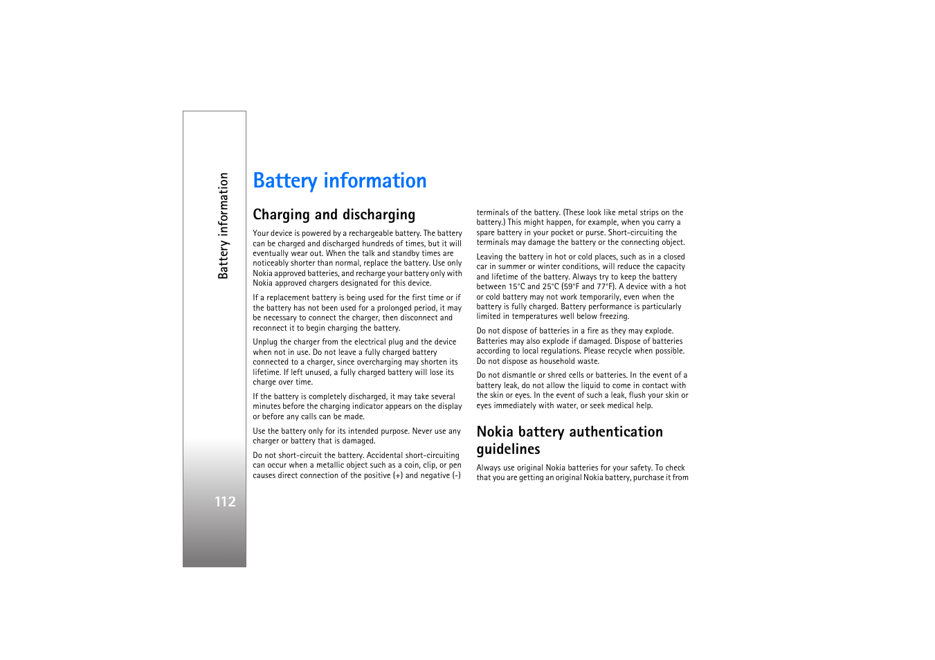 Battery information, Charging and discharging, Nokia battery authentication guidelines | Nokia N76 User Manual | Page 144 / 157