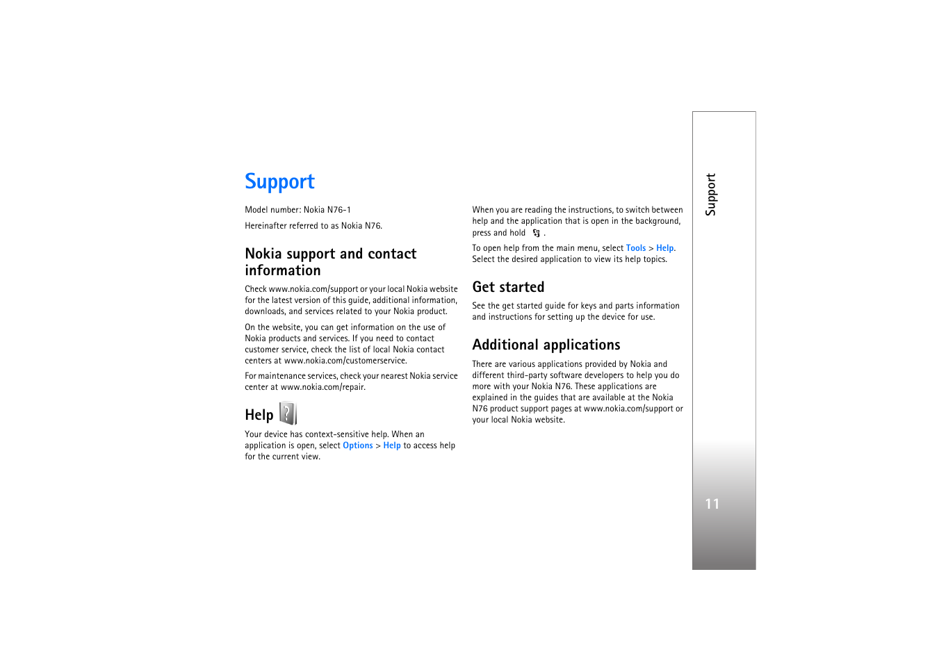 Nokia support and contact information, Help, Get started | Additional applications, Support | Nokia N76 User Manual | Page 43 / 157