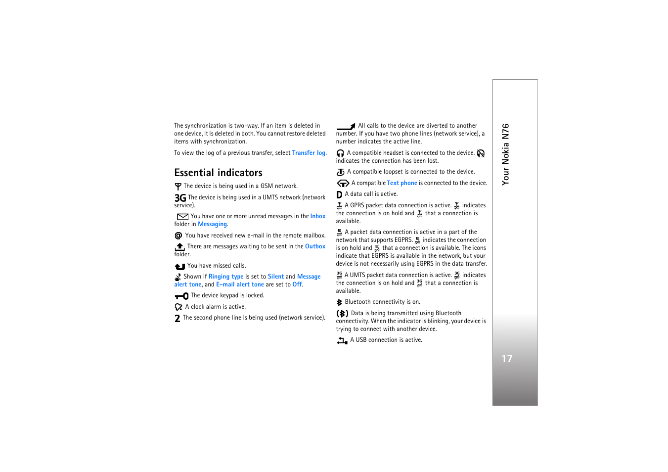 Essential indicators, Your nokia n76 | Nokia N76 User Manual | Page 49 / 157