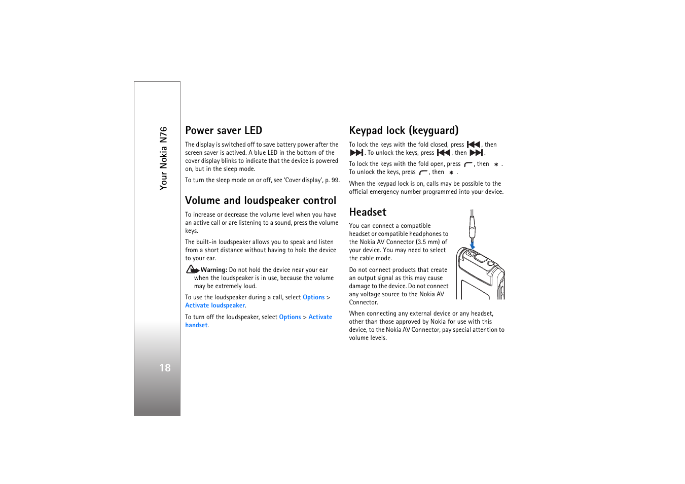 Power saver led, Volume and loudspeaker control, Keypad lock (keyguard) | Headset, See ‘headset’, p. 18, See ‘keypad lock (keyguard)’, p. 18, Osed. see ‘keypad lock (keyguard)’, p. 18, See ‘volume and loudspeaker control’, p. 18, 18 power saver led | Nokia N76 User Manual | Page 50 / 157