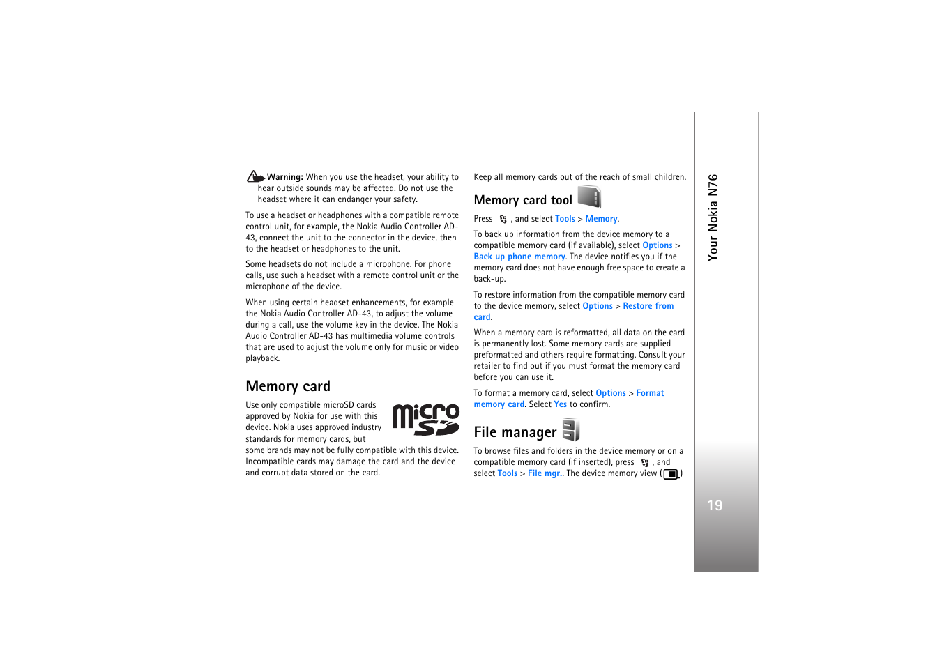 Memory card, Memory card tool, File manager | Rmation. see ‘memory card tool’, p. 19 | Nokia N76 User Manual | Page 51 / 157