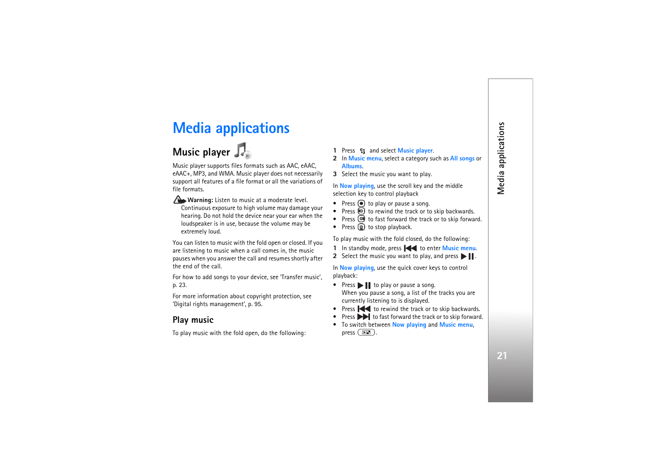 Media applications, Music player, Play music | Ee ‘music player’, p. 21, and ‘visual | Nokia N76 User Manual | Page 53 / 157