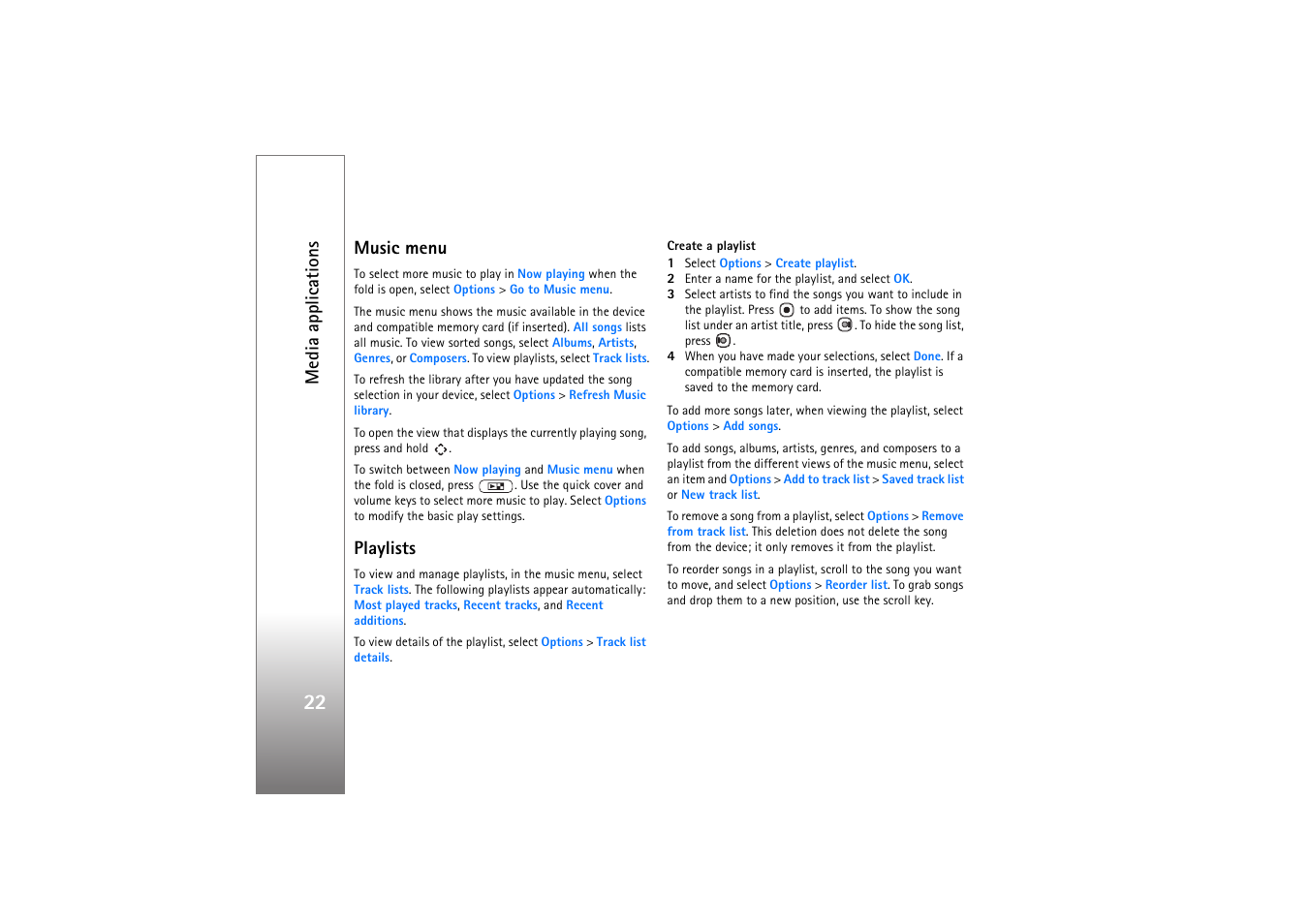 Music menu, Playlists, Media applications | Nokia N76 User Manual | Page 54 / 157