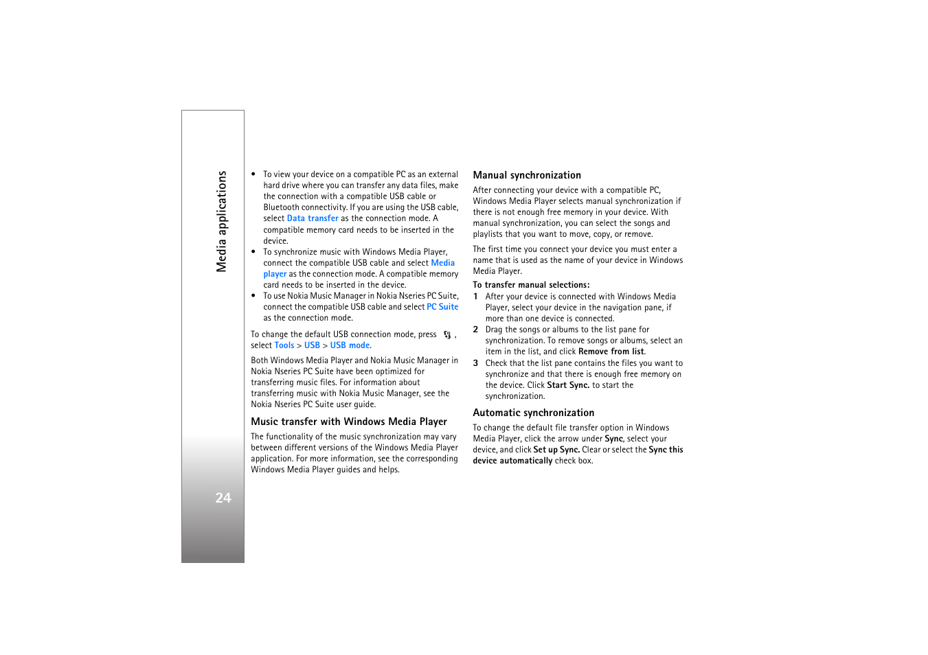 Music transfer with windows media player, Manual synchronization, Automatic synchronization | Media applications | Nokia N76 User Manual | Page 56 / 157