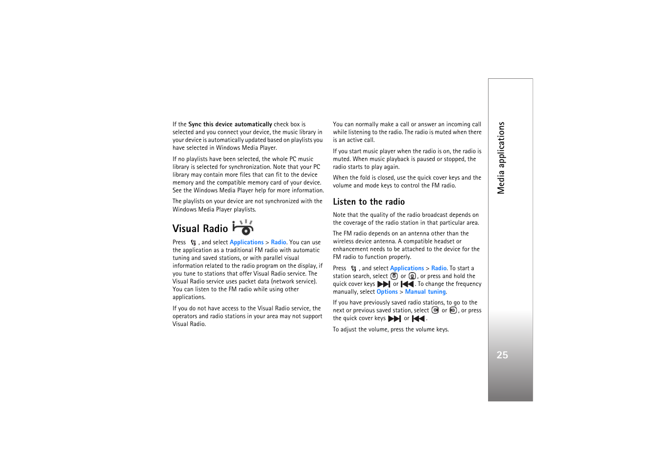 Visual radio, Listen to the radio, Radio’, p. 25 | Media applications | Nokia N76 User Manual | Page 57 / 157