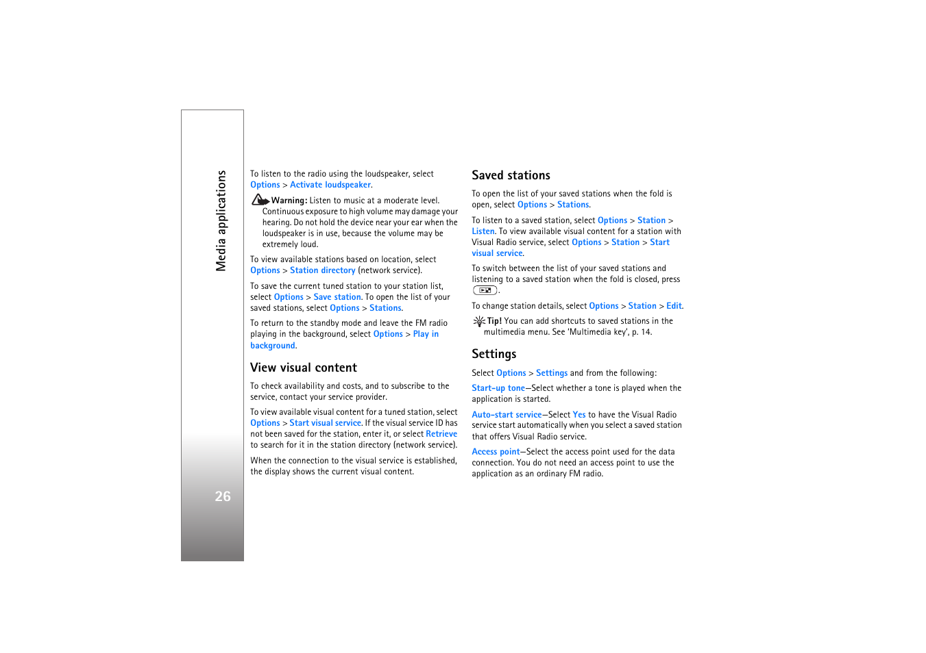 View visual content, Saved stations, Settings | Media applications | Nokia N76 User Manual | Page 58 / 157